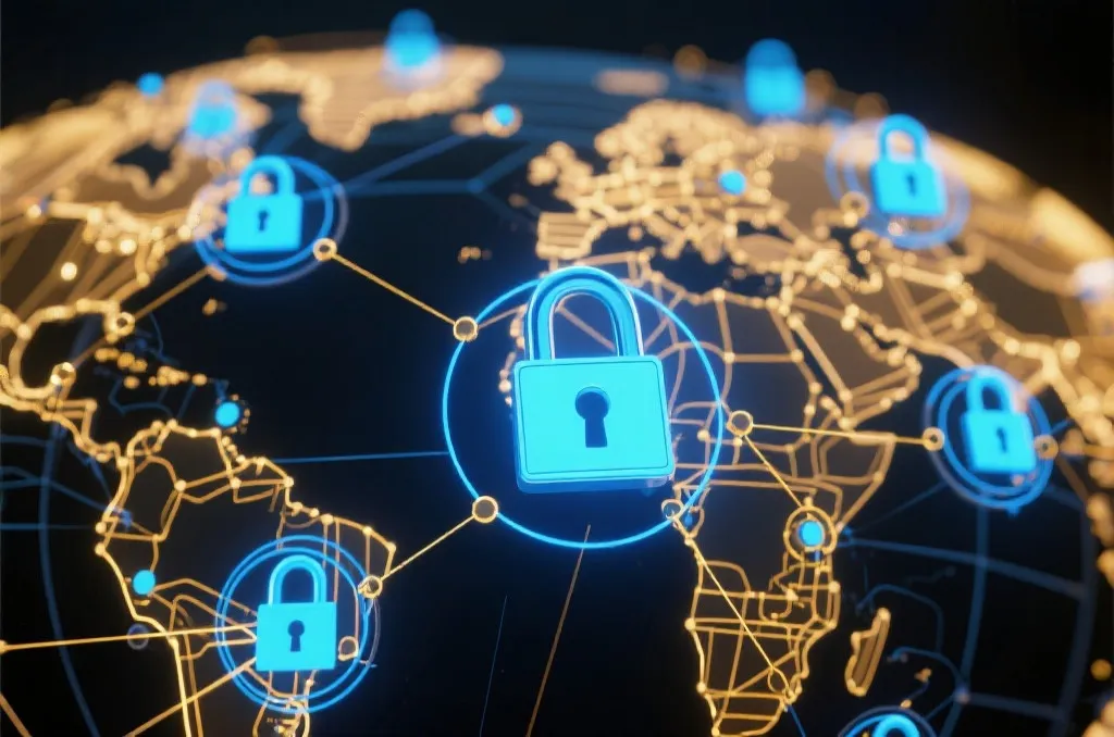 An abstract representation of global network nodes and secure digital locks, glowing blue and gold lines, representing international technology standards and security